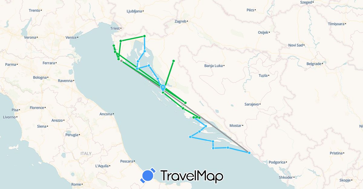 TravelMap itinerary: bus, plane, boat in Croatia (Europe)